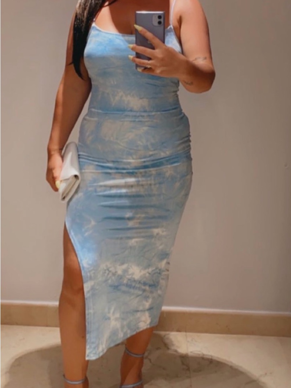 Derek Heart Light Blue Tie-Dye Midi Skirt with Side Slit